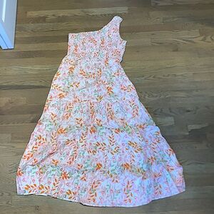 Bohemian One Shoulder Sleeveless Smocked Ruffle Tiered Maxi Dress Floral Pink